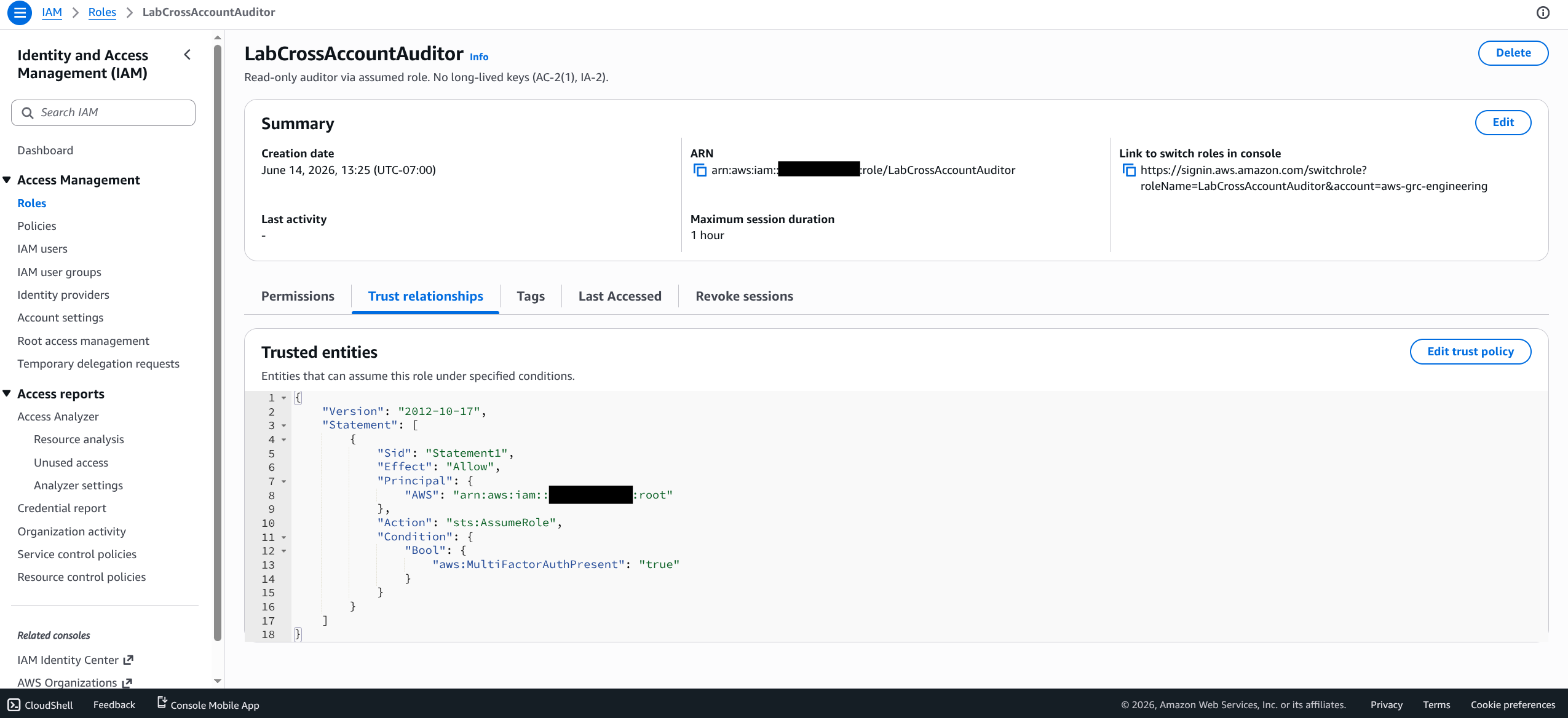 AWS IAM Trust relationships tab for LabCrossAccountAuditor showing a trust policy that grants sts:AssumeRole under an aws:MultiFactorAuthPresent condition, with the account ID blacked out in the Summary ARN and the trust-policy principal.