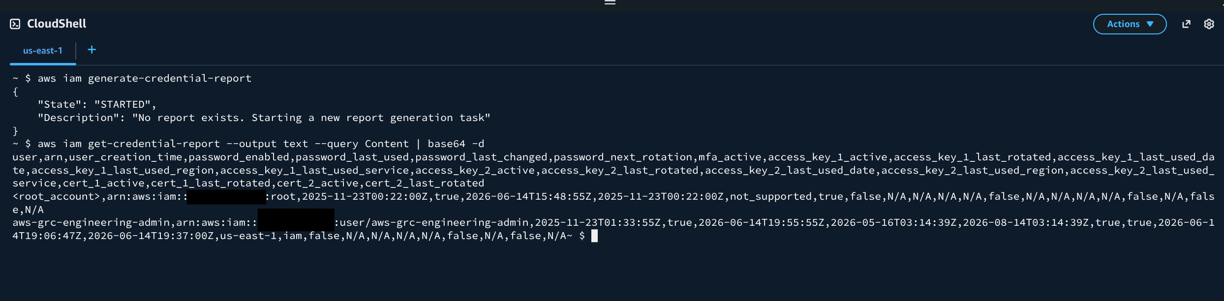 CloudShell output of generate-credential-report and get-credential-report showing the root and admin rows with MFA active and the account ID blacked out in each ARN.