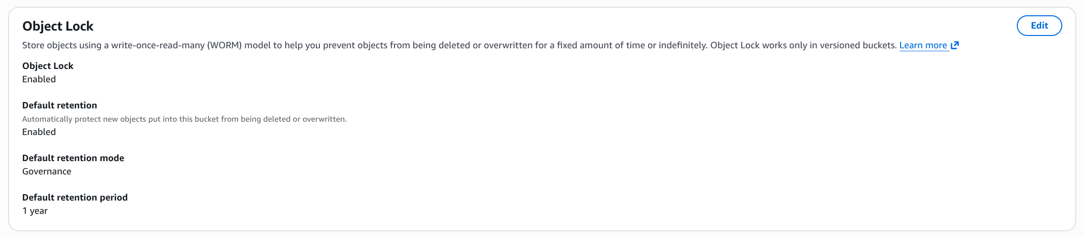 AWS S3 Object Lock panel showing Object Lock Enabled, default retention Enabled, Governance mode, 1-year retention period.